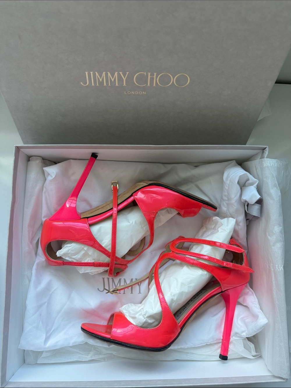 Jimmy Choo Bright Neon Pink Patent Leather Strappy Stilettos